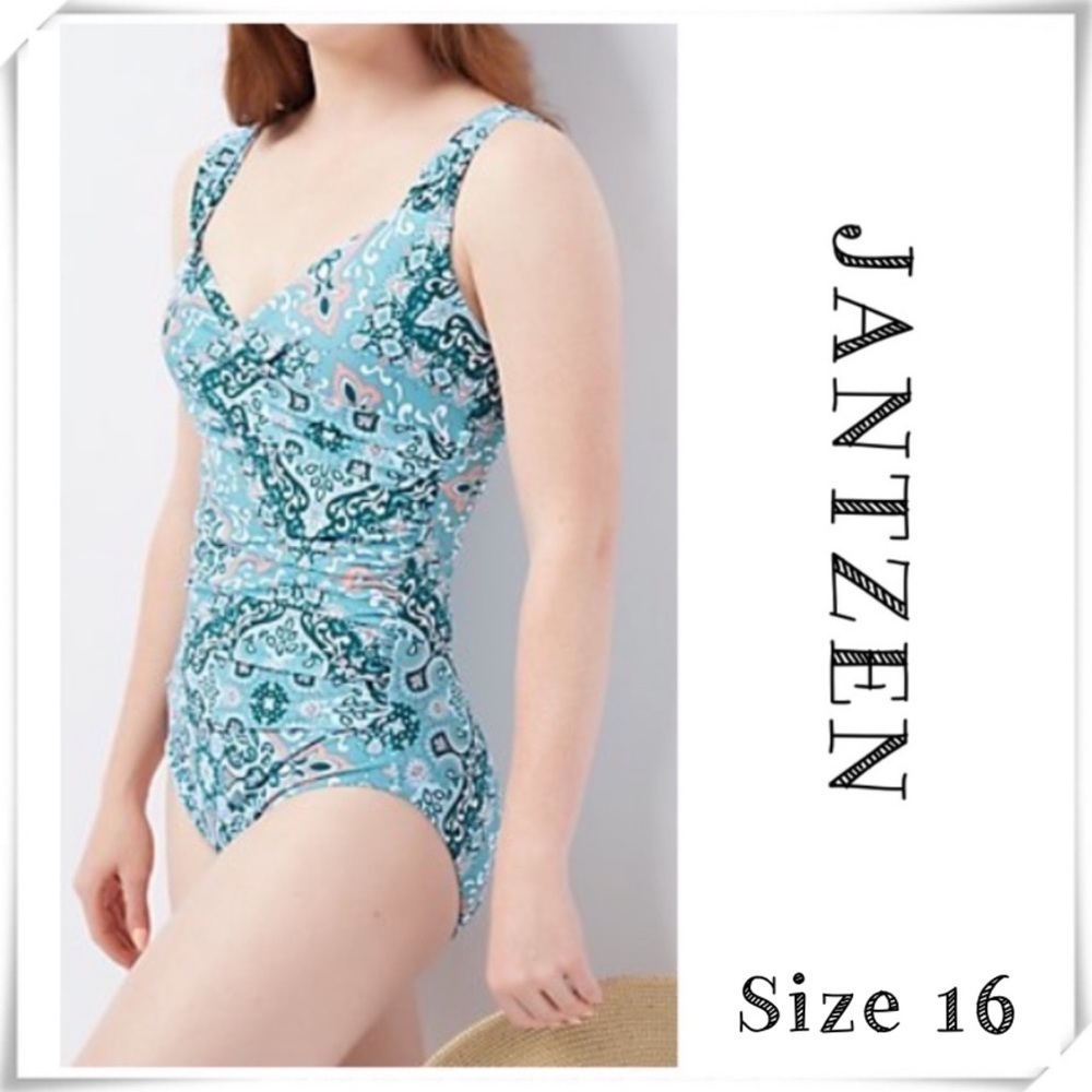 Jantzen Paisley Flower Print Surplice Maillot One-Piece Swimsuit Blue Medallion